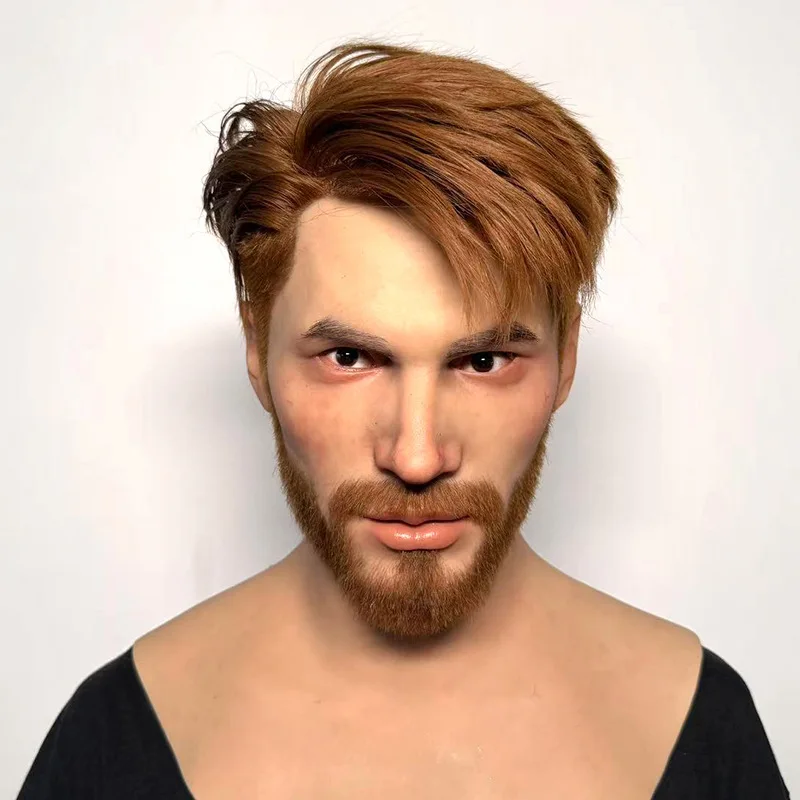 Lifelike Silicone Male Masks Wearable Realistic Young Man Headgear with Hair Transplant & Beard Cosplay Film TV Props