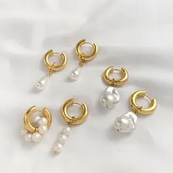 Baroque Pearls Shape Pendant Drop Earrings for Women Gold Plated Stainless Steel Round Circle Huggies Earring Fashion Jewelry