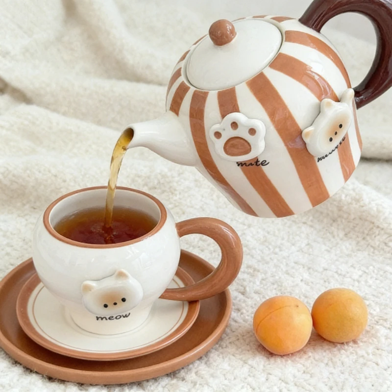 

New Cartoon Ceramic Teapot Tea Set Household Tea Cups Birthday Gift Boxes 1 Pot 4 Cups Wedding Gift Cute Kitten Household Kettle