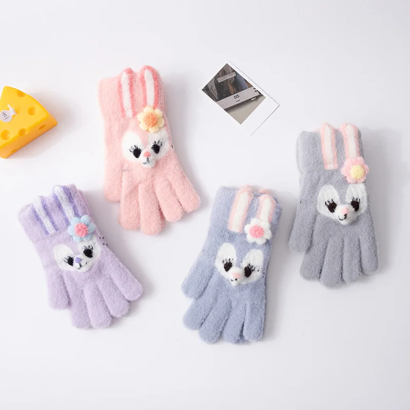 5-12 Years Children Gloves Girl Winter Knitted Cartoon Rabbit Warm Soft Full Finger Gloves Kids Outdoor Lovely Girl Mittens