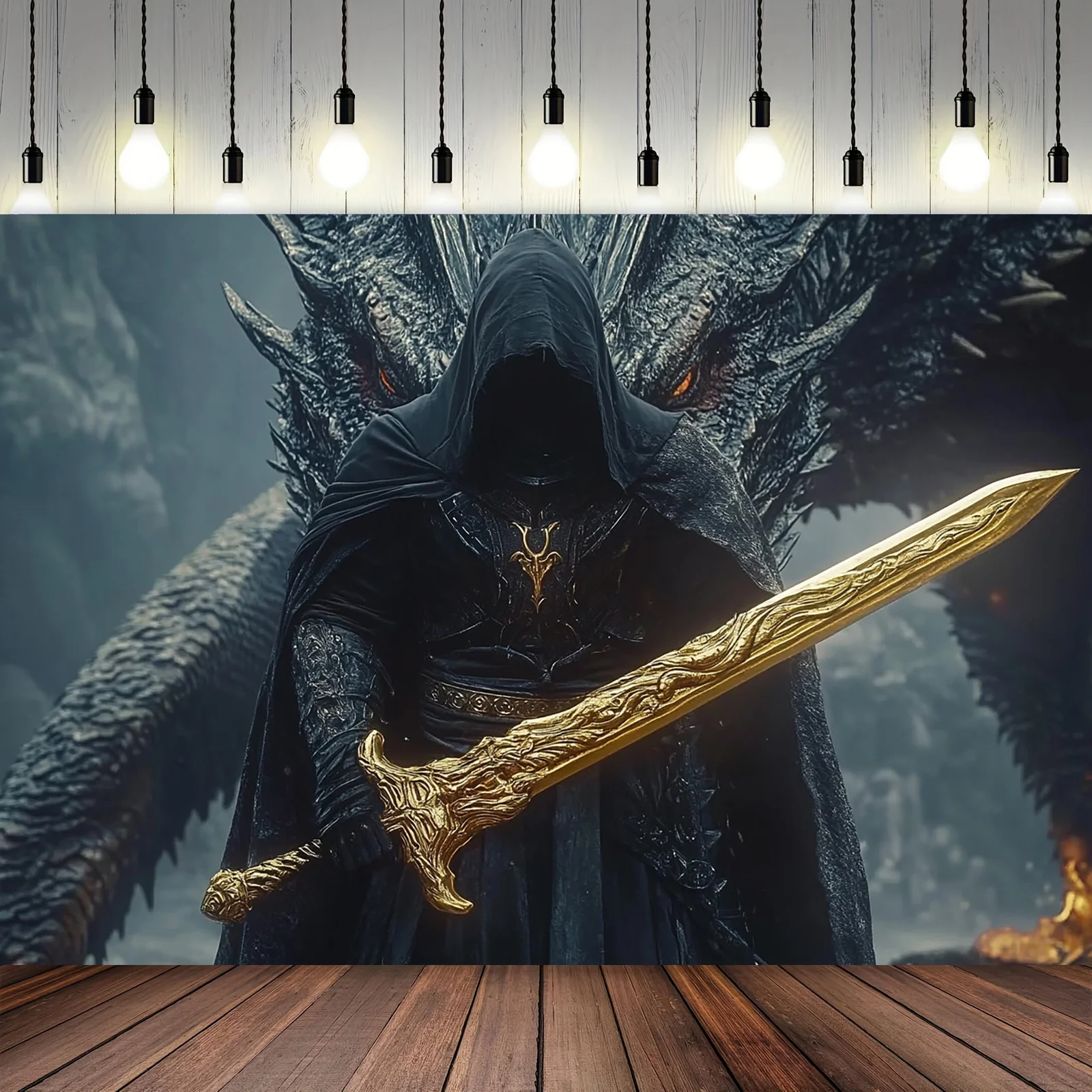 Dark Fantasy Dragon Knight Tapestry Mural Wall Hanging Decor Gaming Room Gothic Art 180x230cm Epic Wizard Display