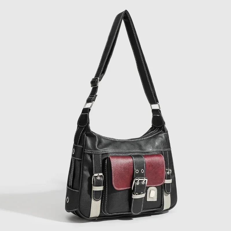 

Retro Vintage Personality Soft Pu Leather Motorcycle Contrasting Color Single Shoulder Crossbody Bag for Women