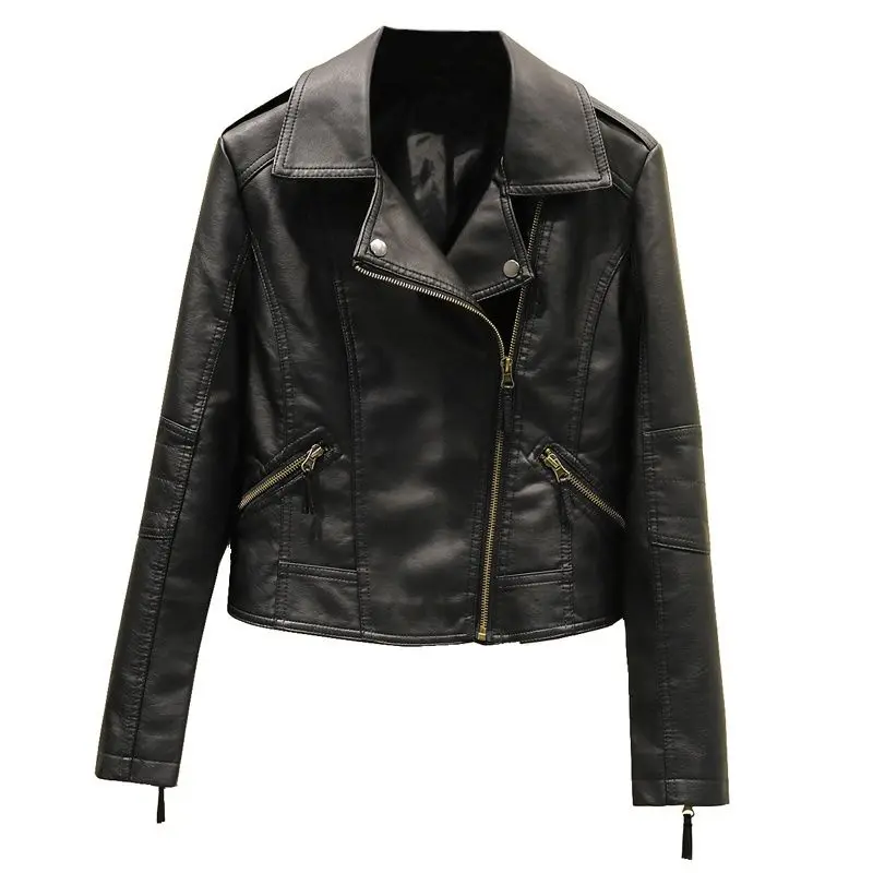 Blouson d'automne similicuir PU femme, noir, slim, fermeture éclair, moto, manches longues, design chic