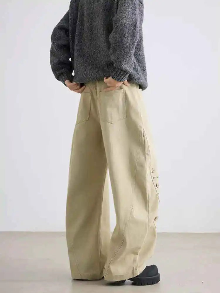 Damskie khakiowe jeansy baggy z guzikami w stylu Y2K, japońskie spodnie typu boyfriend z lat 2000., vintage Harajuku, oversize'owe spodnie dżinsowe na jesień.