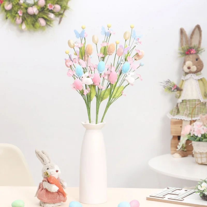 Flor de Pascua Floral de primavera con huevo de Pascua, estatua de conejo, ramas de ramita falsas, tallos de vid de Pascua para decoración de jarrón de vacaciones DIY