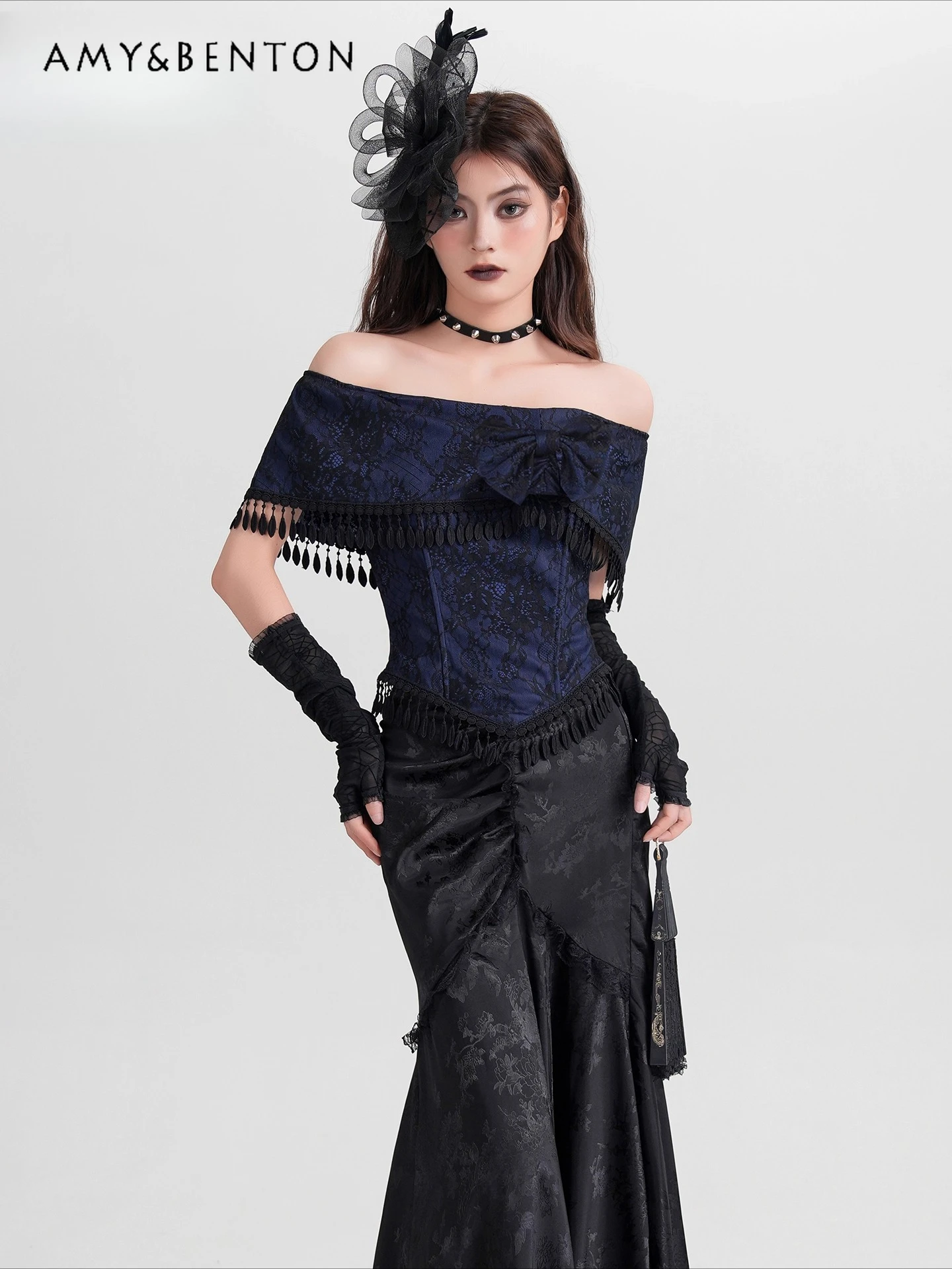 

Summer New Hot Sale Gothic Retro Style Jacquard Sexy Off-Shoulder Tassel Bow Slim Fit Blue-Black Short Bow Top