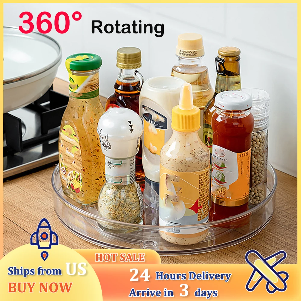 360° Rotating Organizer Tray Multifunction Clear Kitchen Spice Storage Carousel Non-SlipRound Cosmetic Turntable Storage Tray