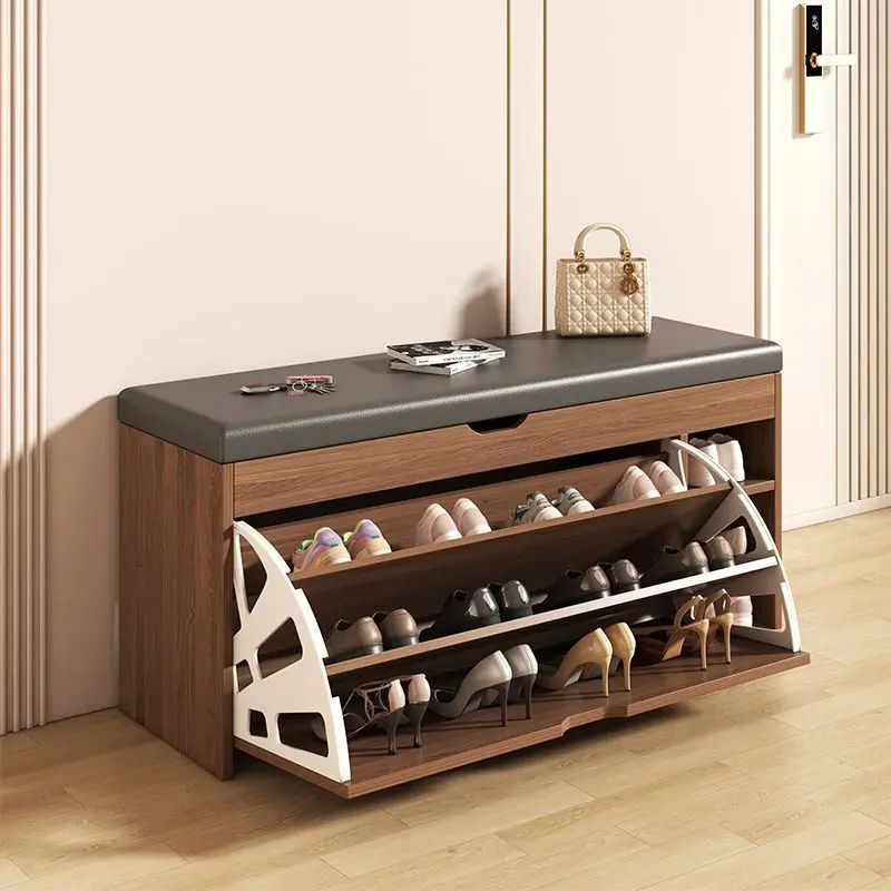 

Entryway Storage Shoe Bench with Soft Leather Cushion Space-Saving Flip-Up Shoe Cabinet Comfortable Shoe Changing Stool