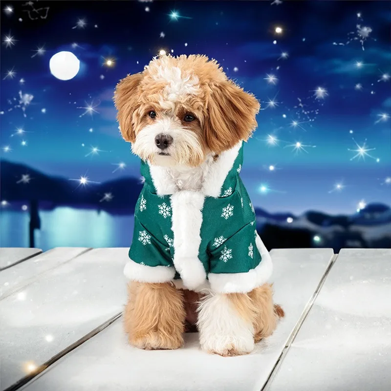 Pet Christmas Clothes Winter Plush And Thick Classic Christmas Snowflakes Dog  Plush Jumpsuit Hooded
