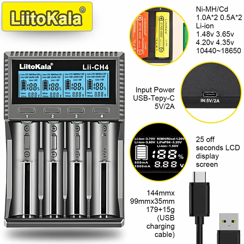 LiitoKala Lii-CH4 slimme oplader voor 18650/21700/26650/AA/AAA/Ni-MH/Li-ion, 1,2 V/1,5 V 4-slots snel opladen, USB-C, automatisch detecteren