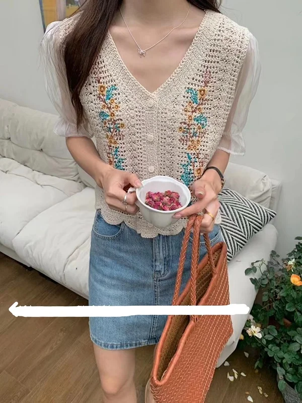 Women Crochet Top with Chiffon Sleeve V-Neck Button Down Embroidery Floral Blouse Open Knit Cardigan Spring Summer Fairycore