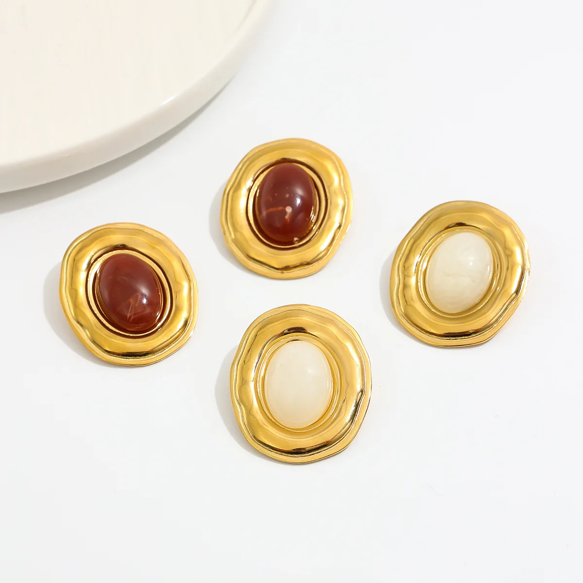 Exaggerated 18k Gold Plated Stainless Steel Oval Stud Earring Retro Geometric Blending Resin Gemstone Earrings for Women Jewelry