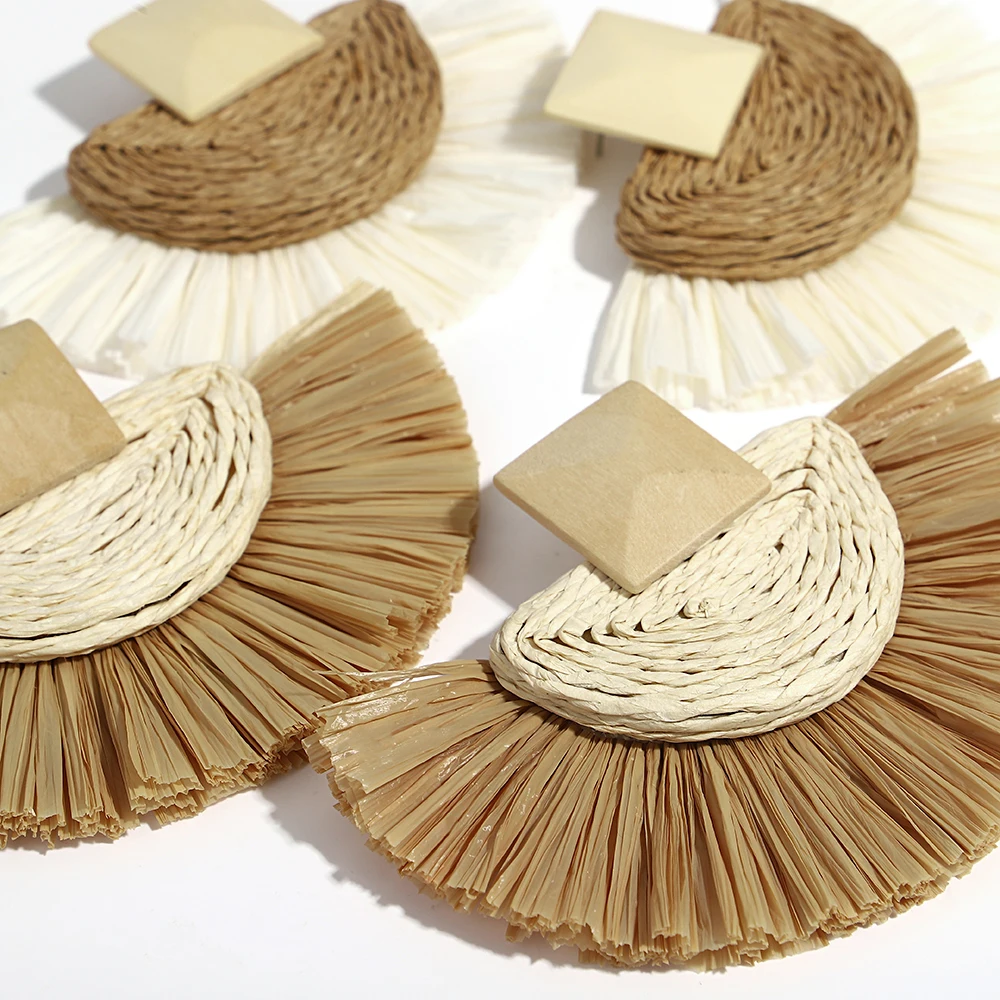 AENSOA Natural Raffia Woven Fan Shaped Drop Earrings for Women Lightweight Handmade Geometric Wooden Earrings Beach Jewelry Gift