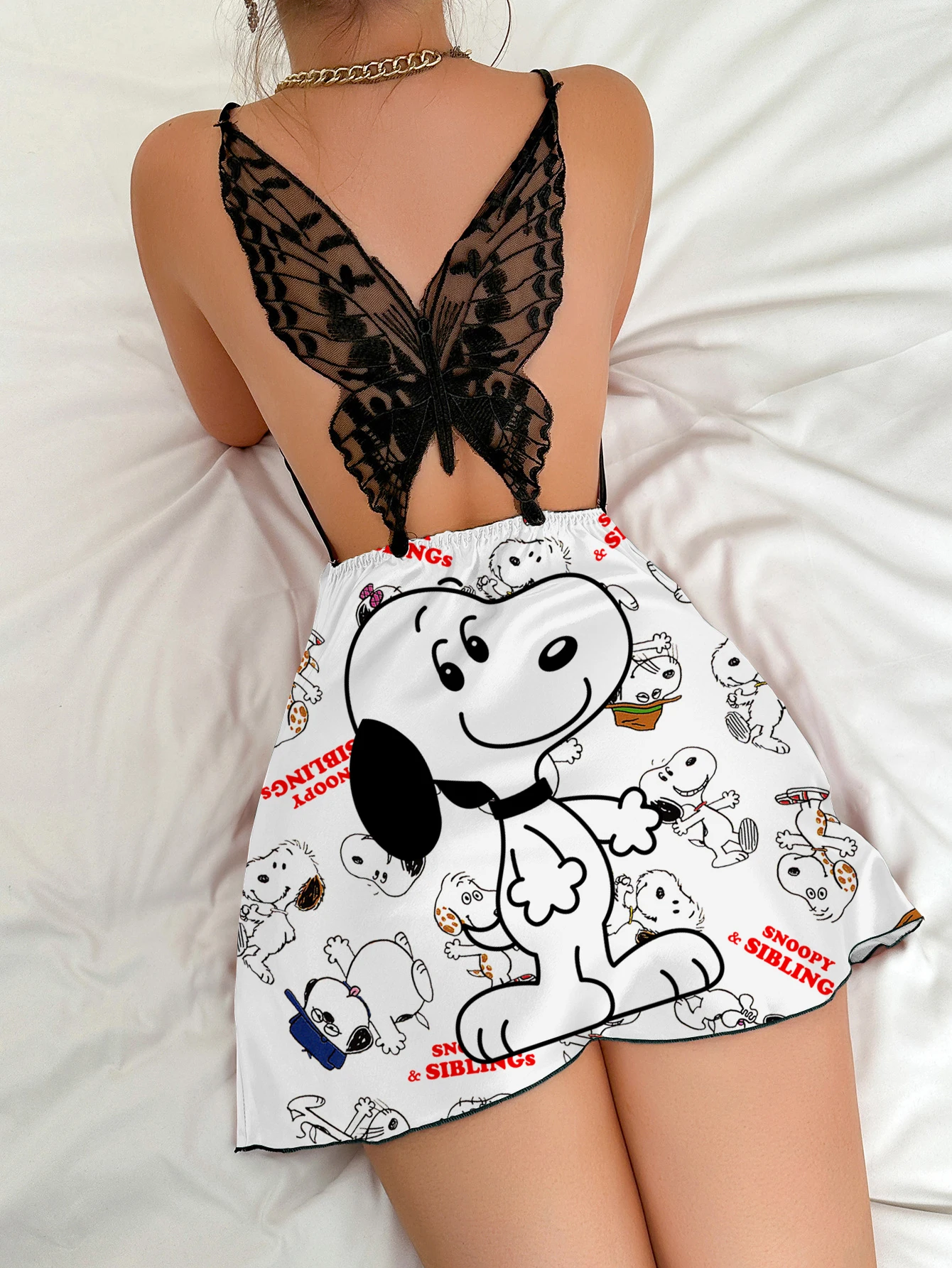 Women's Satin Comfortable Nightdress Snoopy Print Suspender V-neck Sexy Butterfly Lace Backless Nightgown Dress