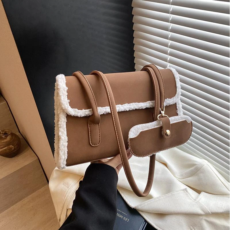 2025 Winter Lambskin Shoulder Bag Large Capacity Suede Women's Underarm Bag Flap Design Niche Simple Commuter Handbag Tote Bag