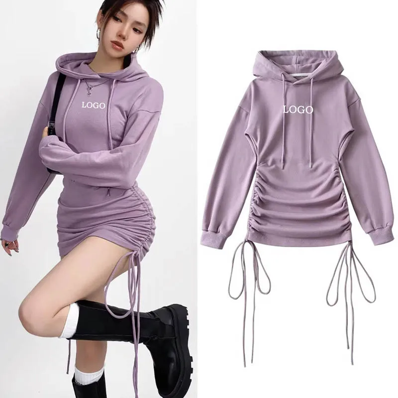 Custom LOGO Women's Spring and Autumn New Pure Desire Drawstring Pleated Hooded Long Sleeve Sweatshirt Dress Hip Skirt