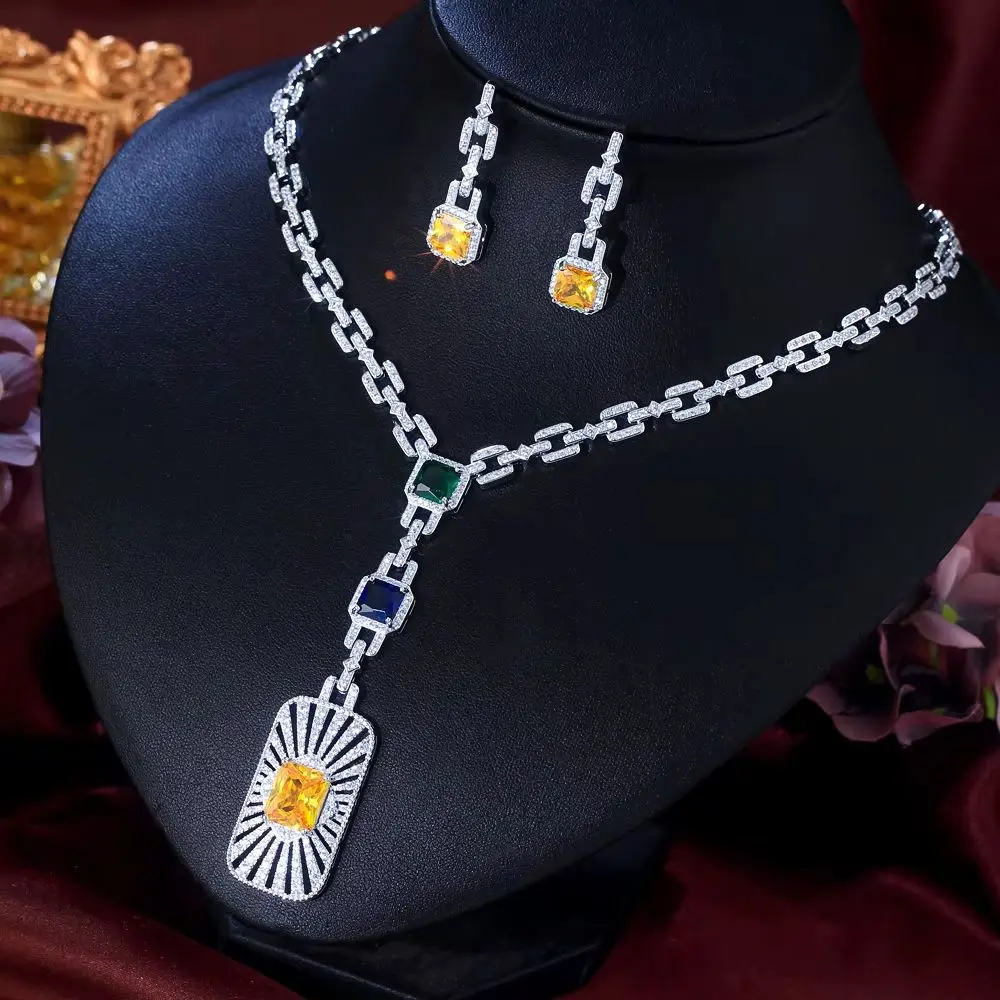 CWWZircons Luxury Shiny Zirconia Cuban Chain Link Square Pendant Necklace 2Pcs Set for Women Chic Wedding Party Jewelry T0774