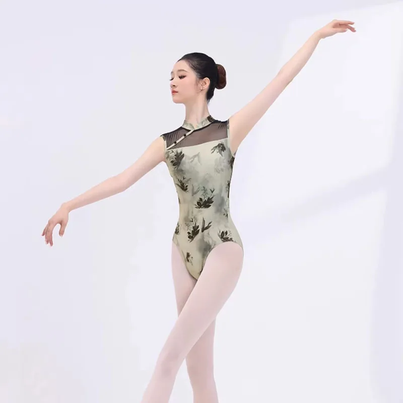Collant de balé para mulheres gola mandarim adulto bailarina dança wear malha splice ginástica collant ballet ginástica bodysuit