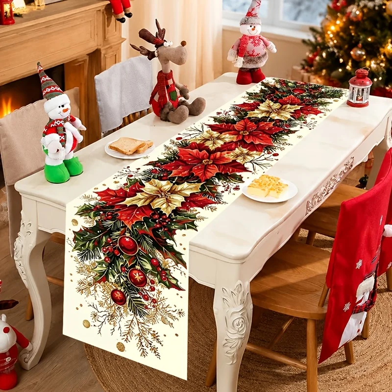 Christmas Tablecover - Vintage Poinsettia & Holly Berry Prints, Polyester Tablecloth, Farmhouse Decor Cabinet Flag, Table Decor