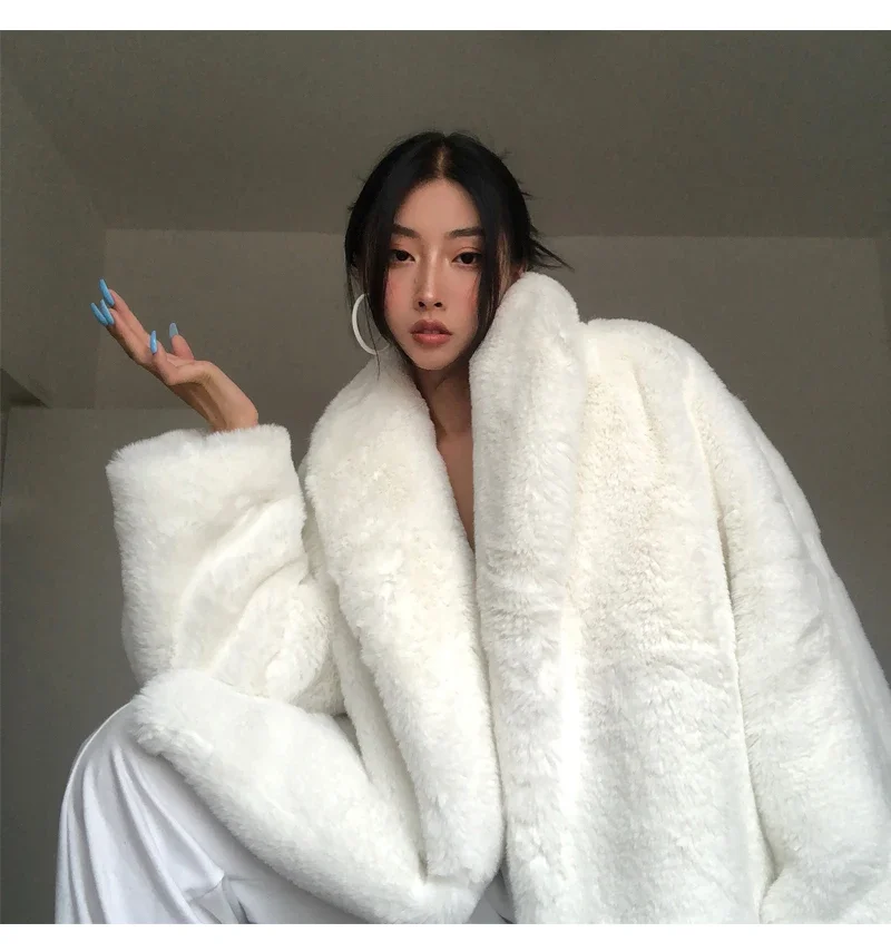 Winter Warm Faux Fur Coat Oversized Thick White Fluffy Women Long Sleeve Loose Casual Stylish Korean Fashion Streetwear Overcoat