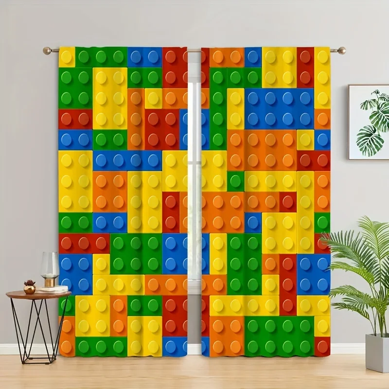 Cartoon Blocks Cube Colorful Kid Curtains Window Treatment For Bedroom Office Kitchen Living Room Home Decor Room Decoration2pcs