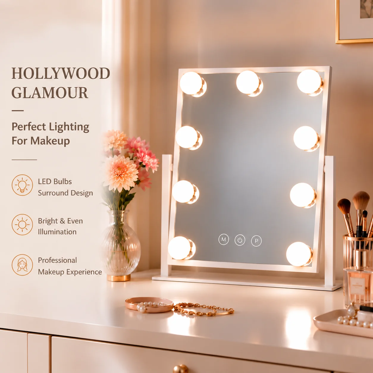 9-Bulb Hollywood Vanity Mirror, 3 Color Modes, Dimmable Touch Control, Memory, 360° Rotation, 10X Mirror, 12x13.5 Inch
