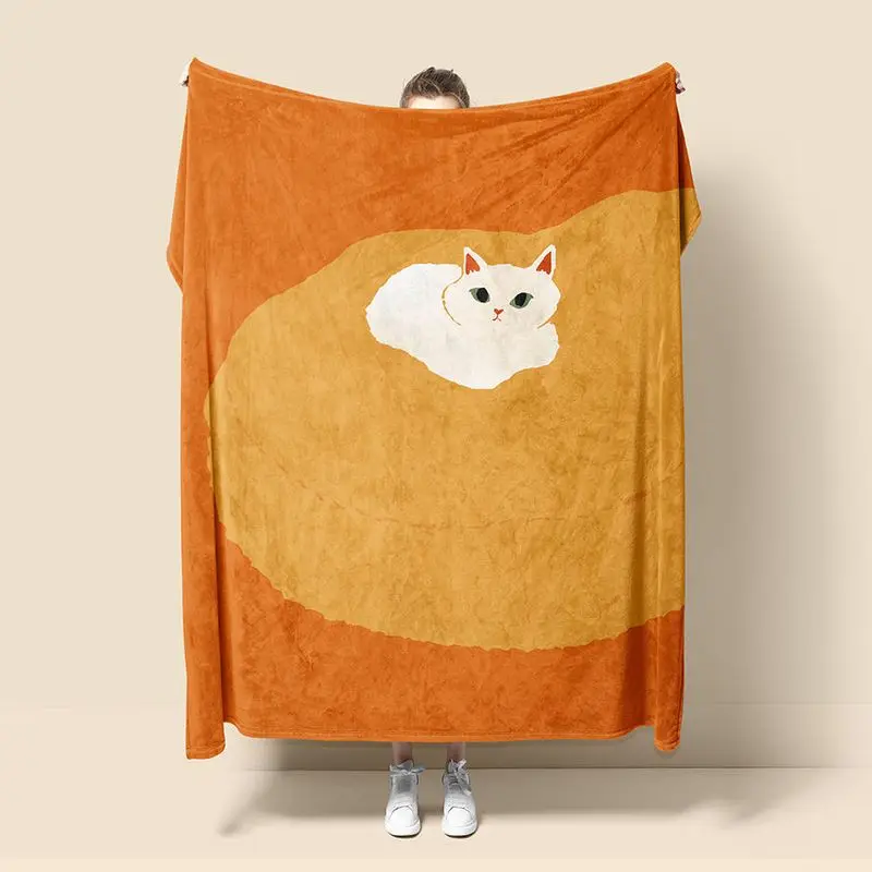 VIKAMA Art Painting White Cat Flannel Throw Blanket Warm Orange Background Cute Kitten Print Soft Sofa Bedroom Home Decor