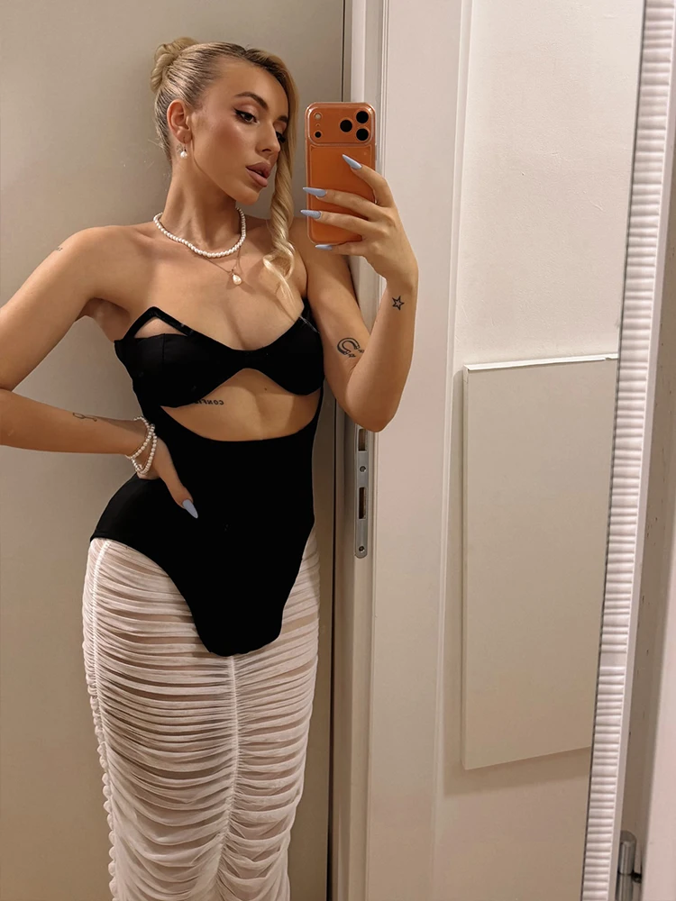 

Sexy Fashion 2 Piece Set Woman Wrap Chest Hollow Design Irregular Tank Tops+Mesh Patchwork Long Skirts Wild Style Outfits