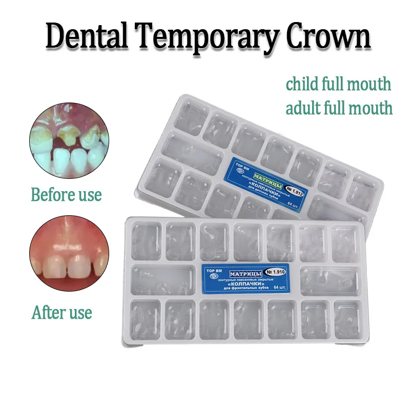 64Pcs Dental Transparent Resin Precrown Temporary Crown for Adult Children Deciduous Teeth 1.910/1.912