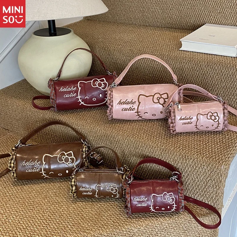Miniso Embroidered Hello Kitty Handbag, Vintage Lace Trim Crossbody Shoulder Bag for Women