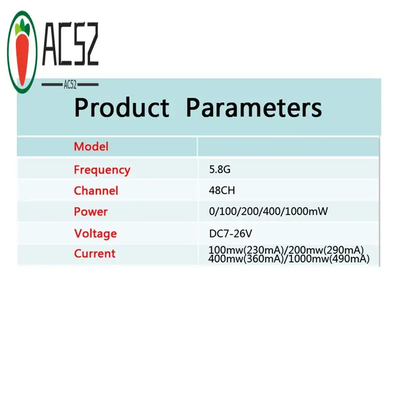 AC52-5.8Ghz 48CH FPV VTX 1W 5.8G Image Video Transmitter 2-4S 100/1000Mw For Long Range RC FPV Drone Multicopter Quadcopter