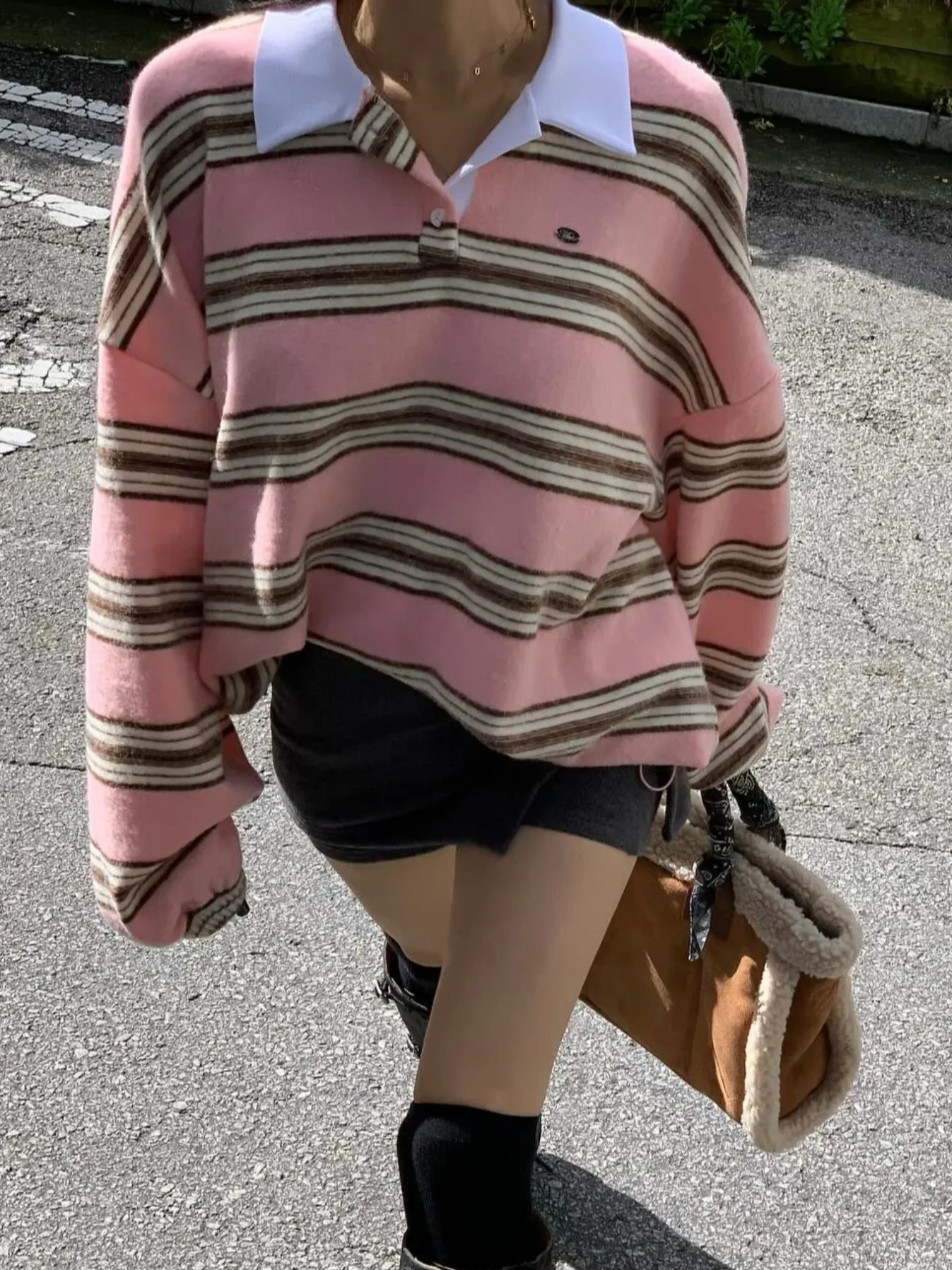 الرجعية اللون بلو ني البلوز المرأة فضفاضة أعلى مخطط قاعدة irt شتاء جديد Sle الكورية Sle الشارع Faion #5