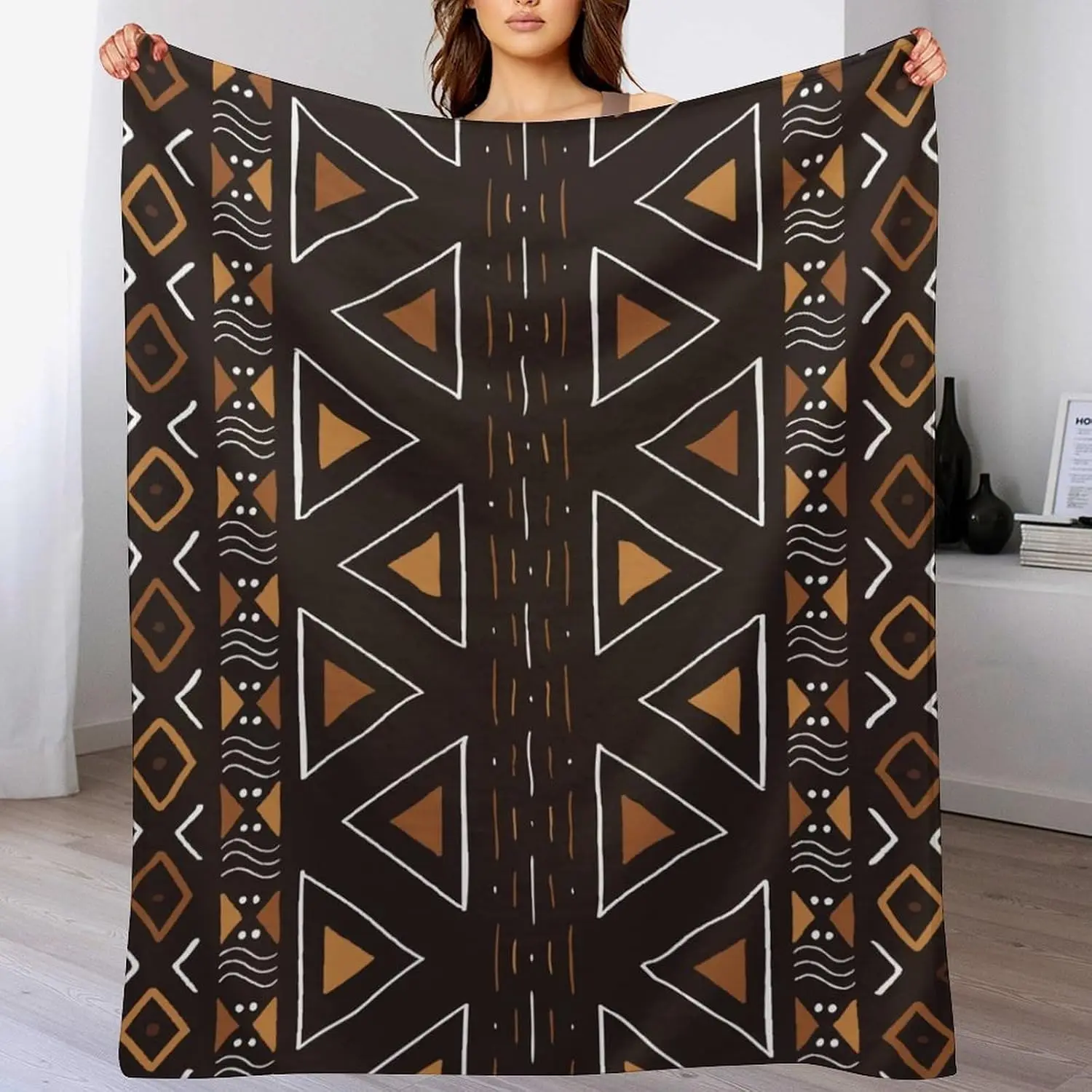 Retro Mud Cloth Symmetric Triangle Line Tribal Folk Pattern Soft Blanket Fit Living Room Bed Travel Multi-scene Home Daily Use