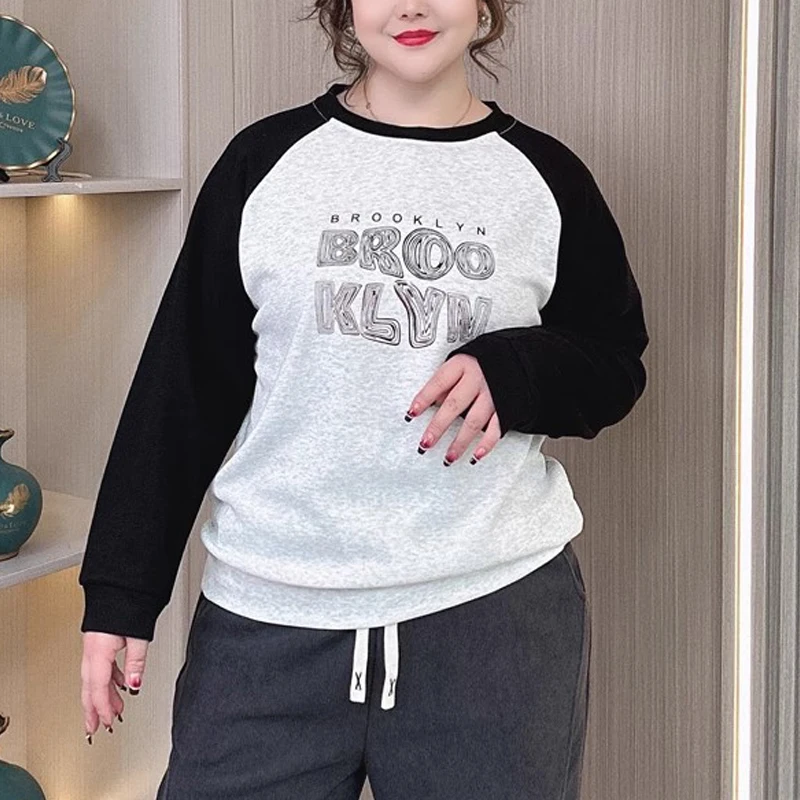 Plus Size Dames 2025, Lente Ronde Hals Loose Fit Kleurblok Raglanmouwen Sweatshirt, Afslankende Casual Pullover Top