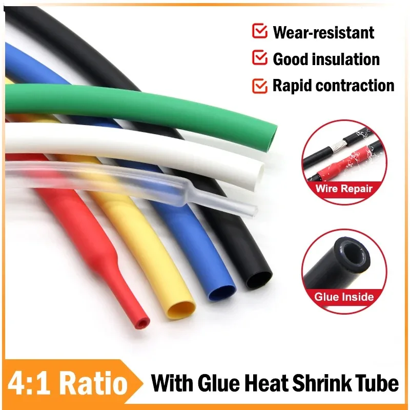 1M with Glue Dual-Wall 4:1 Heat Shrink Tubing 4 6 8 12 16 20 24mm Polyolefin Adhesive Lined Shrinkable Wire Wrap Cable Sleeve