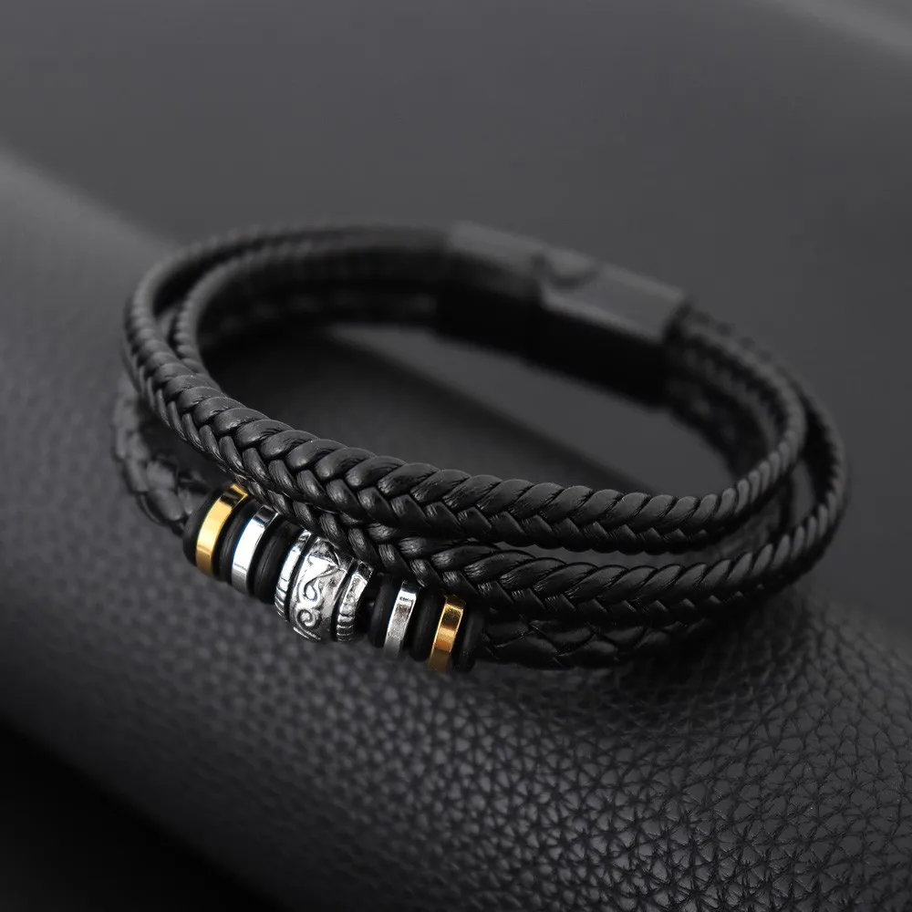 2024 Ethnic Jewelry Stainless Steel Bracelet Men\'s Multi-layer Hand Woven Leather Rope Magnetic Buckle Bracelet