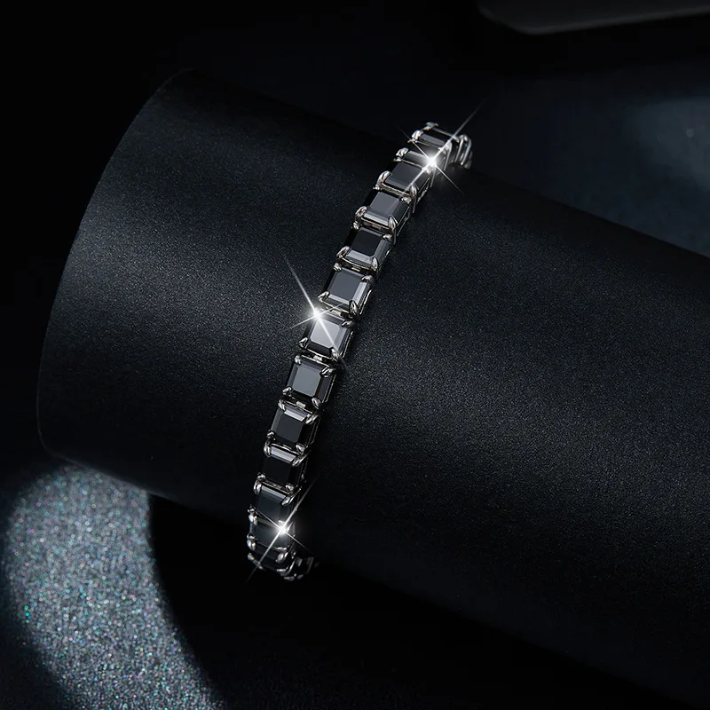 Hip hop style explosive black 5.5mm pagoda cut moissani diamond S925 silver plated 18k gold bracelet, unisex unique design, wedding engagement Valentine's Day/commemorative gift, birthday gift, anniversary gift