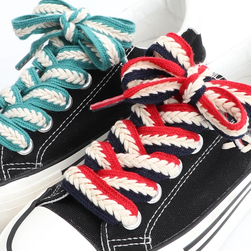 Casual Campus Laces For Sneakers Cotton Material Colorblock Weave Men Women Canvas Shoelaces Rubber Band For Shoes Accessories