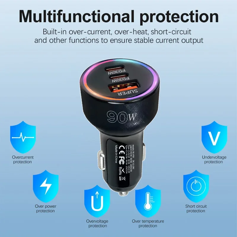 شاحن سيارة فائق السرعة بقدرة 90 وات 3 منافذ QC3.0 + 2xPD30 وات لهواوي/آيفون/سامسونج/شاومي/فيفو محول ولاعة سجائر سريع الشحن