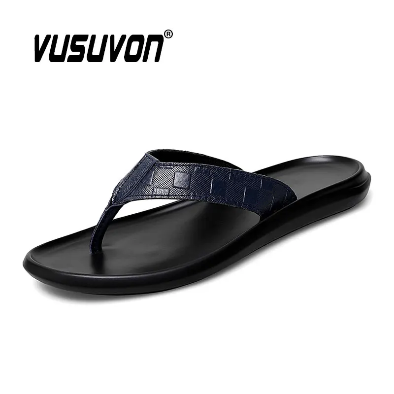 High Quality Brand Men Genuine Cow Leather Flip Flops Summer Beach Fashion Breathable Casual Black Slippers Outdoor Water Shoes