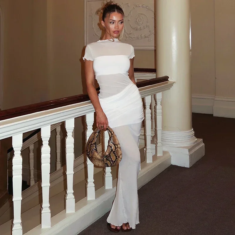 

Women'S Solid Color Sheer Mesh Patchwork Dress Round Neck Package Shrink Pleated Dresess Summer Elegant Party Dress