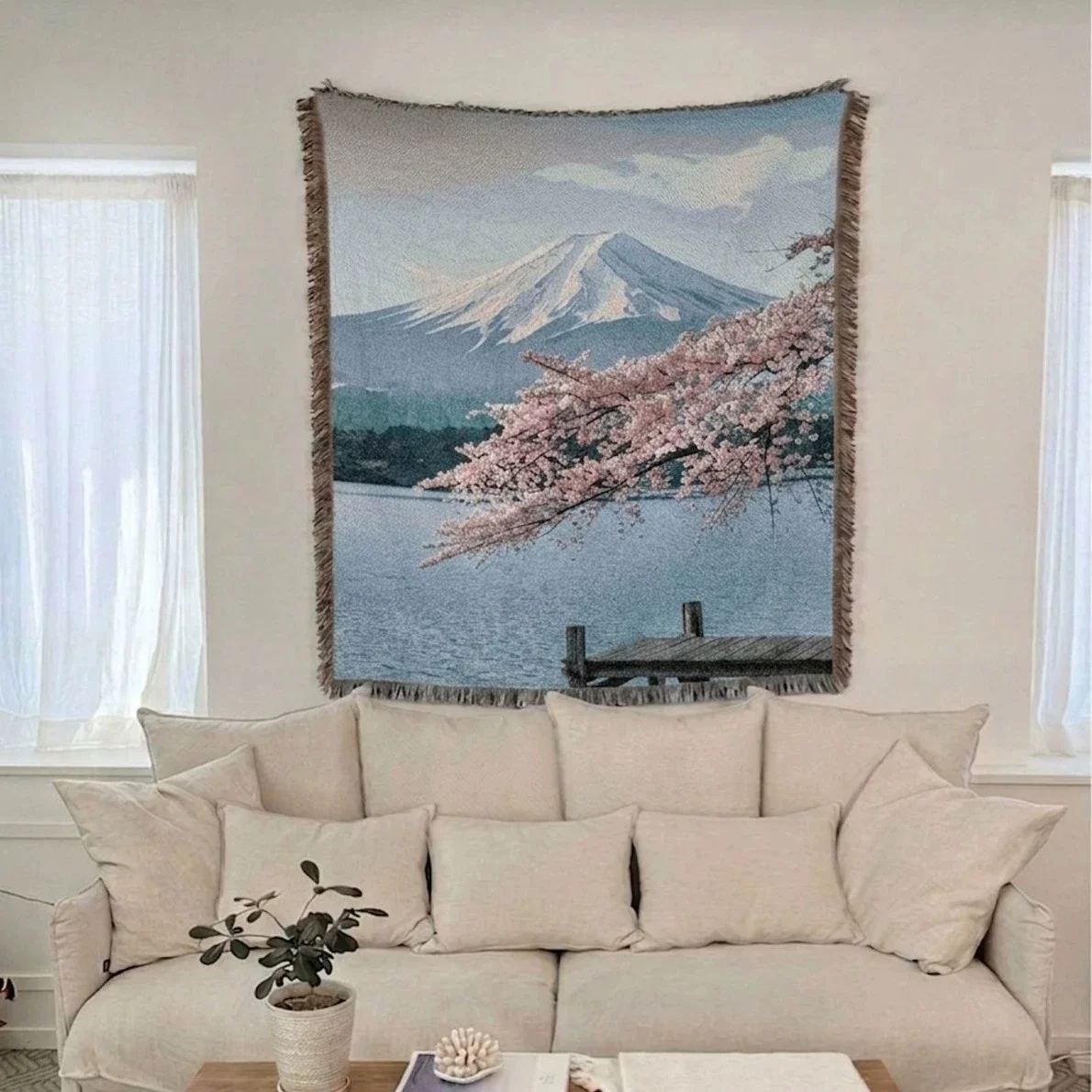 Japanese Simple Style Mount Fuji Home Cloth Sofa Blanket Dust Cover Sofa Cushion Camping Picnic Cloth Literary Decorative Rug