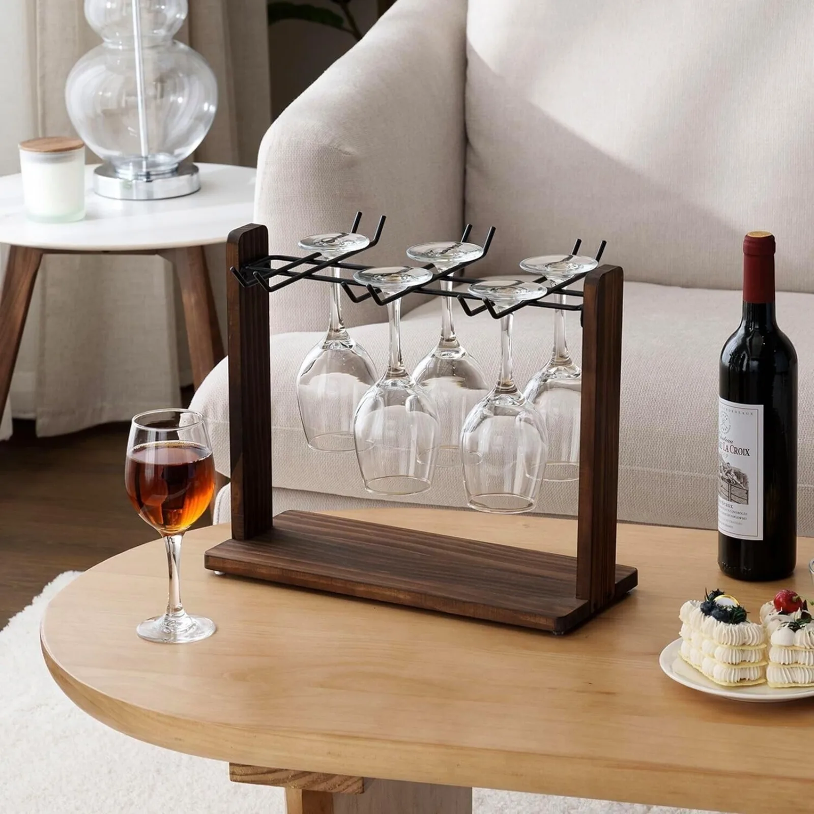 Brown Wood and Black Metal Wine Glass Holder, Drying Rack for Drinking Glasses United States