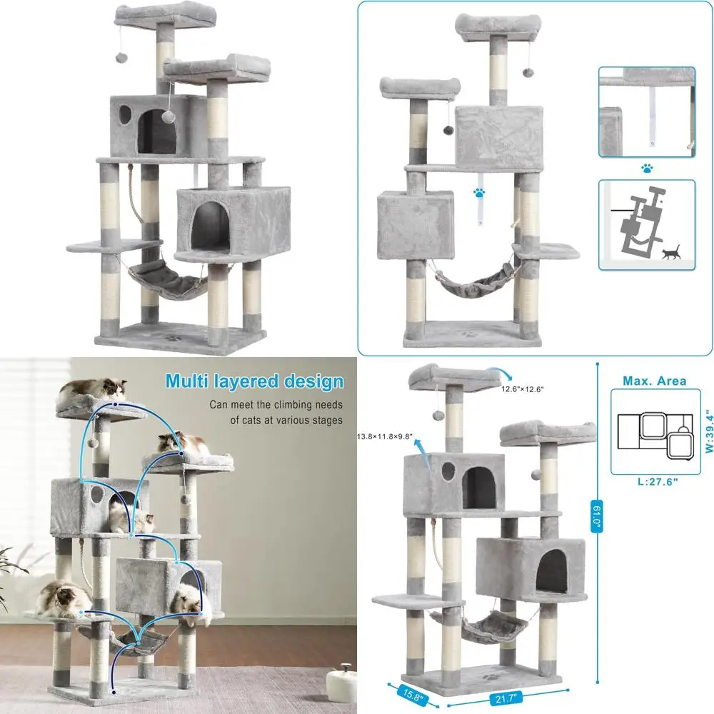 

Большой многоуровневый кошачий комплекс с сизалевыми когтеточками, плюшевыми домиками и гамаком - светло-серый