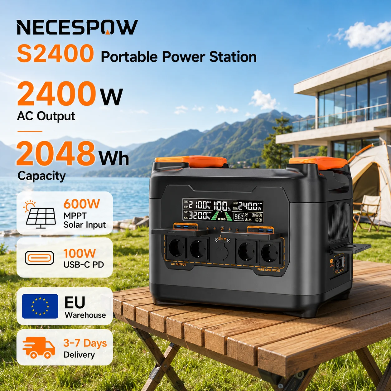 Station d'alimentation portable NECESPOW S2400, batterie LiFePO4 de 2047,5 Wh, 2400 W, 4 sources d'alimentation alternatives, camping en plein air, alimentation domestique, source d'alimentation amovible