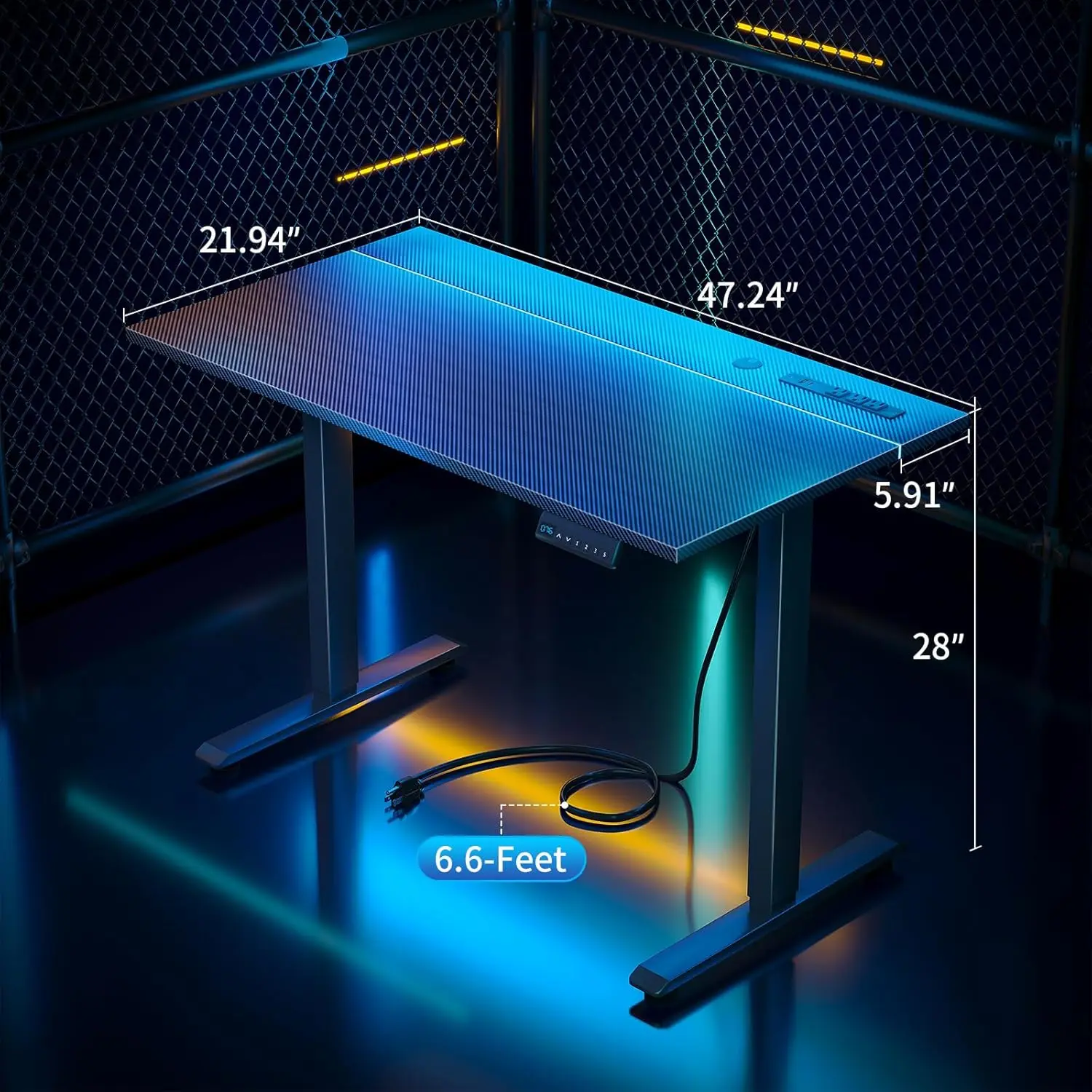 Gaming Standing Desk, 47 Inch Height Adjustable Small Gaming Desk with Power Outlet & LED Light ＆ Hook