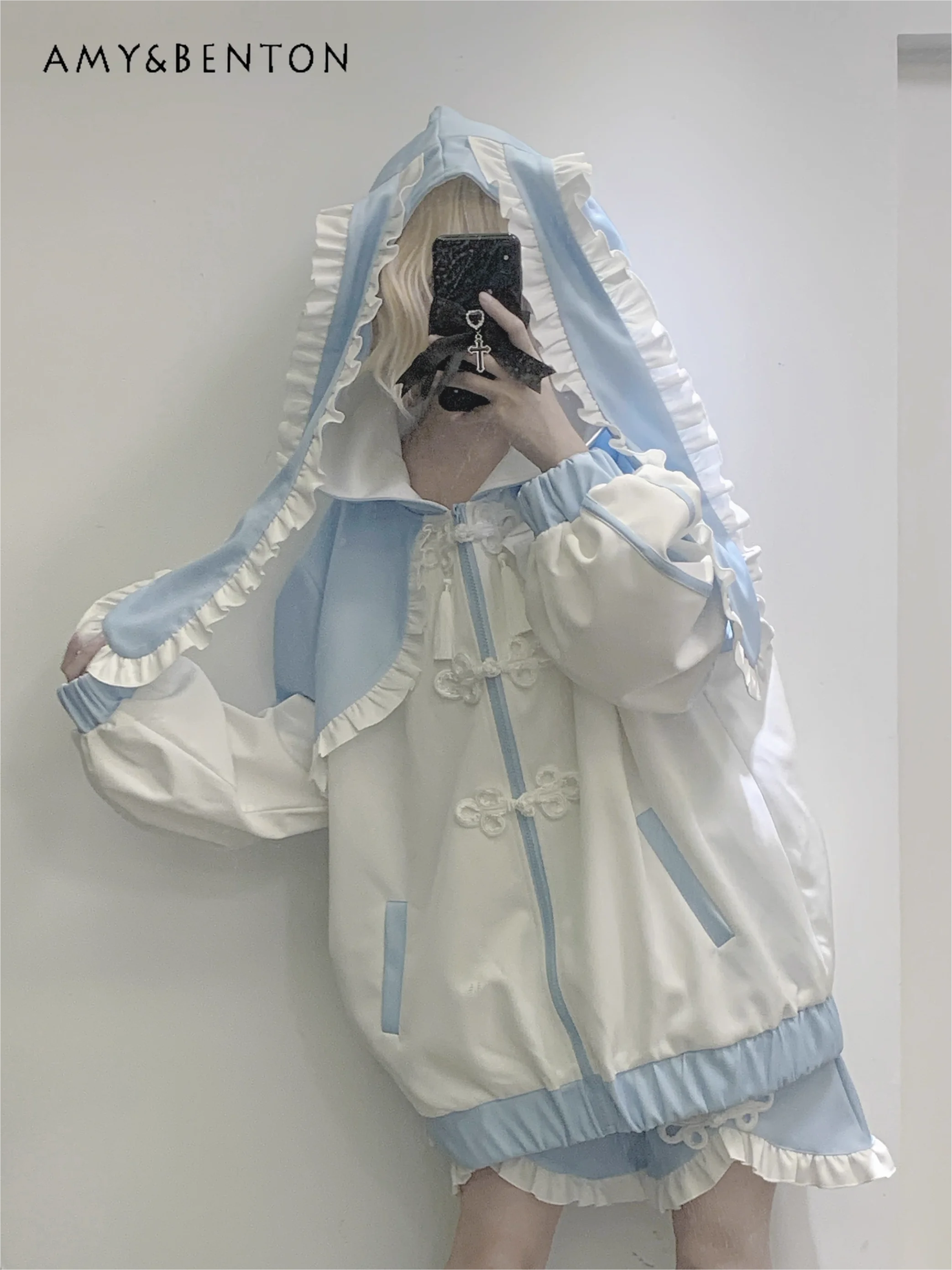 

Mine Series Mass-produced Sportswear Set Japanese Sweet Cool Rabbit Ears Two-dimensional Hooded Oversized Jacket Shorts Twinset