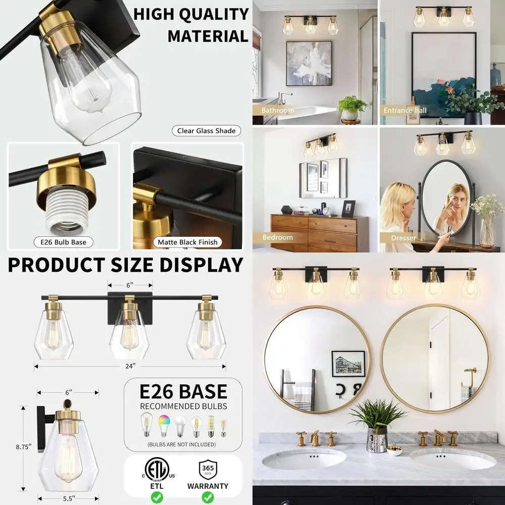 3-световой черный и золотой светильник для туалетного столика с прозрачными стеклянными абажурами для современных зеркал в ванной комнате, подходит для гардеробных, прихожей и