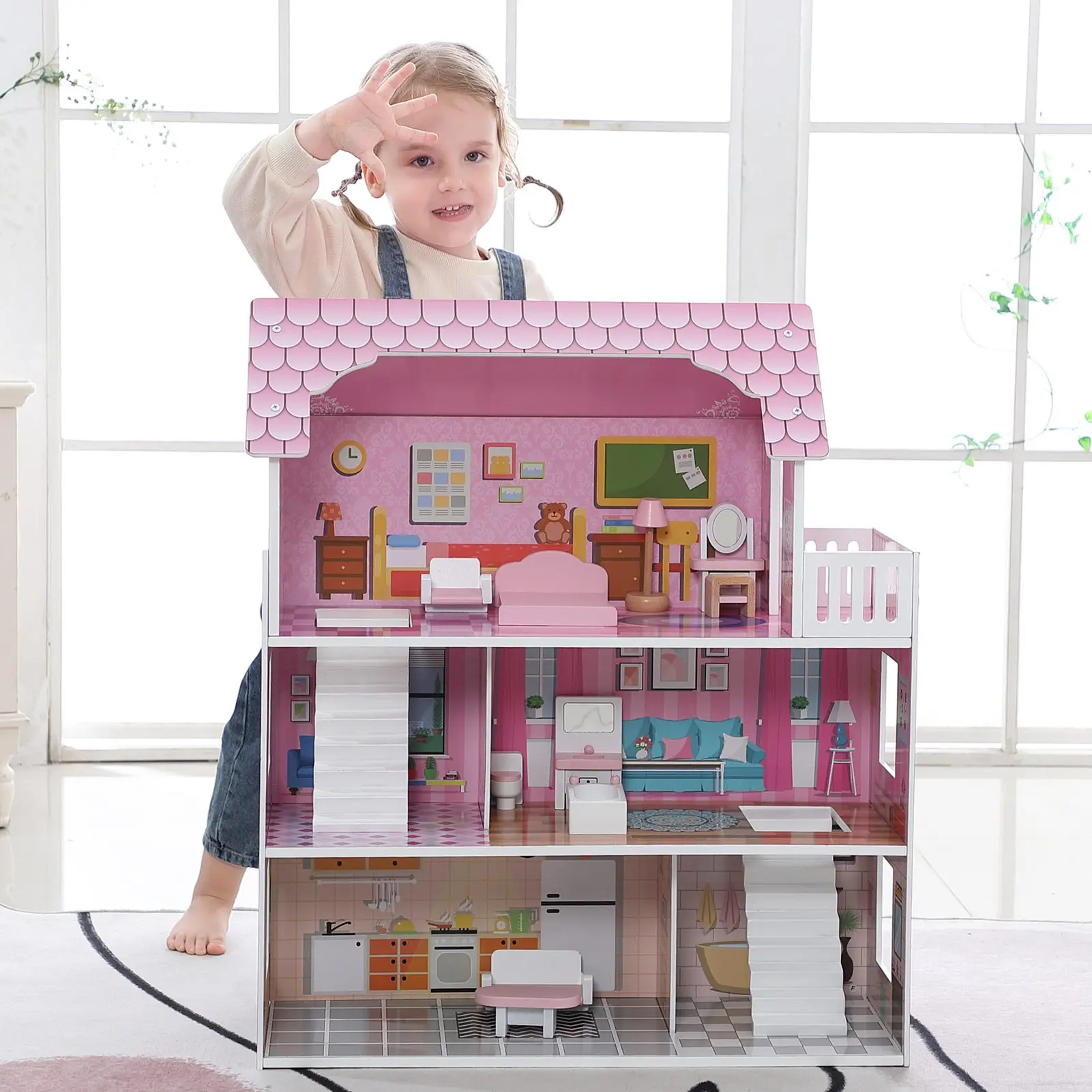 3 Story Dollhouse Playset with Furniture Multiple Rooms Doll Cottage for Girls Above 3 Years Old Role Playing Pink