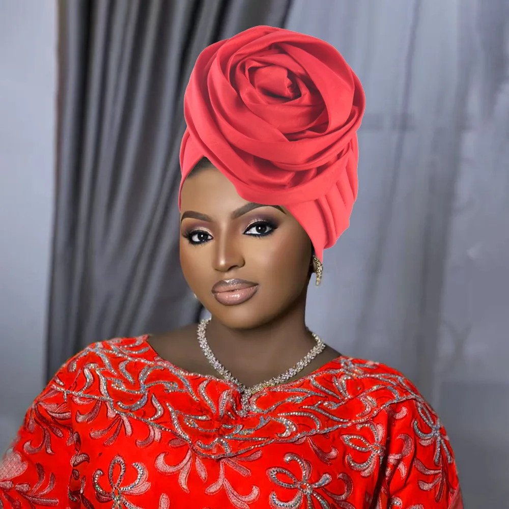 New Rose Stretch Turban Hat, Ethnic Headwrap Cap, Rolled Flower Cap Cross Border